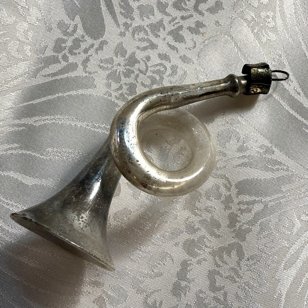 Germany Antique Silver Glass Feather Tree Horn Vintage Christmas Ornament 1930's